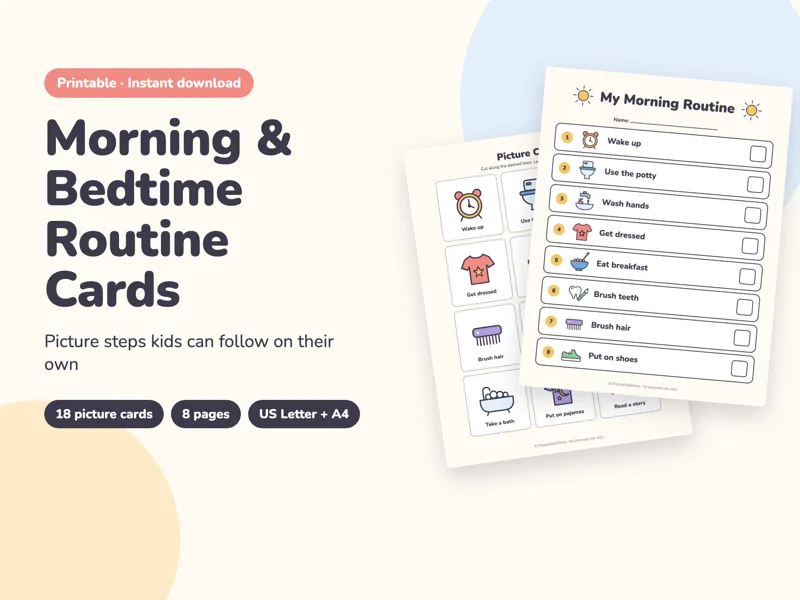 Morning & Bedtime Routine Cards: printable PDF preview